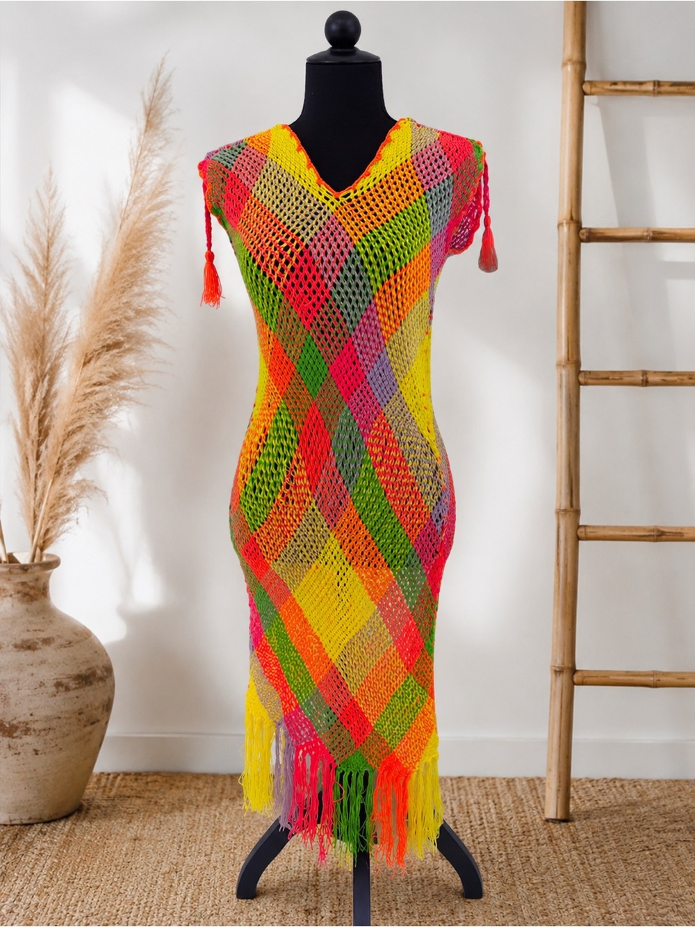 Vibrant Multicolor Crochet Swim Coverup Dress